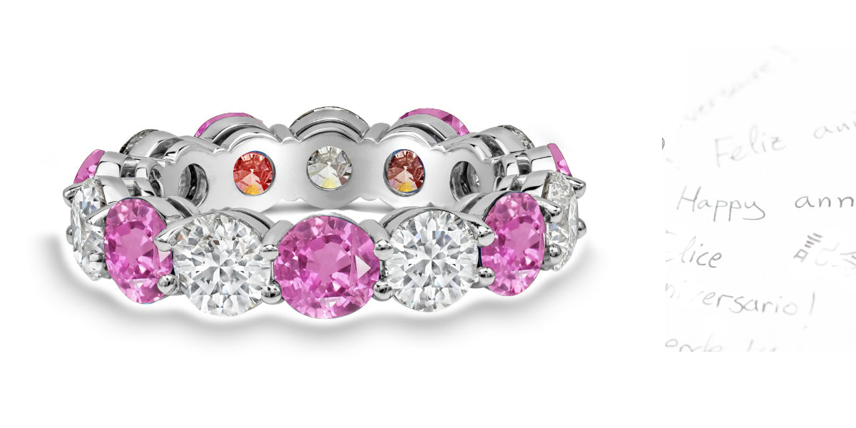 88 custom made unique stackable alternating round pink sapphire and diamond prong set eternity ring