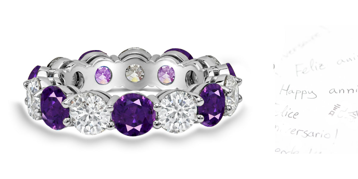 88 custom made unique stackable alternating round purple sapphire and diamond prong set eternity ring