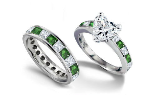 bridal set with square emeralds and diamonds