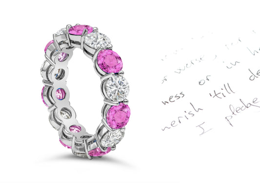 88 custom made unique stackable alternating round pink sapphire and diamond prong set eternity ring