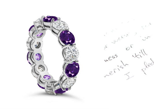 88 custom made unique stackable alternating round purple sapphire and diamond prong set eternity ring