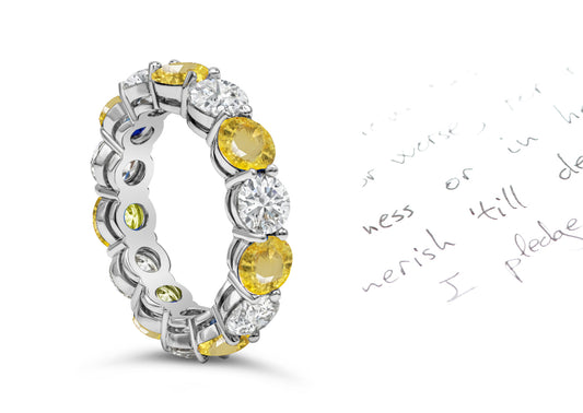 88 custom made unique stackable alternating round yellow sapphire and diamond prong set eternity ring