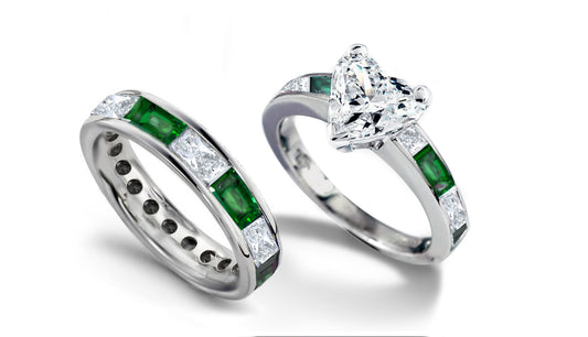 bridal set with baguette emeralds and diamonds