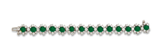 9 custom unique alternating round emerald and round diamond halo tennis bracelet