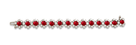 9 custom unique alternating round ruby and round diamond halo tennis bracelet