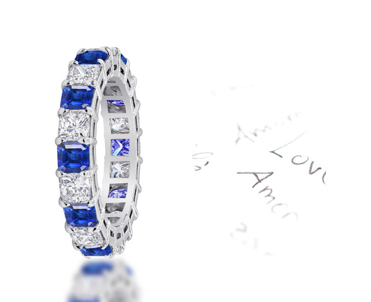99 custom made unique stackable alternating asscher cut blue sapphire and diamond eternity ring