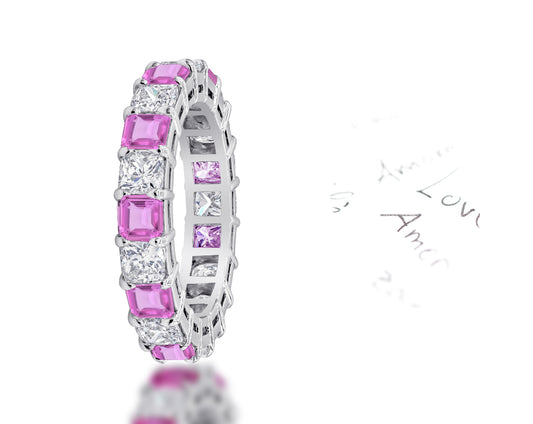 99 custom made unique stackable alternating asscher cut pink sapphire and diamond eternity ring