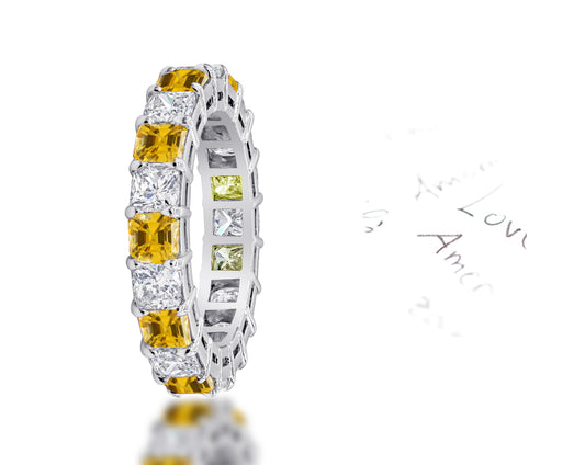 99 custom made unique stackable alternating asscher cut yellow sapphire and diamond eternity ring