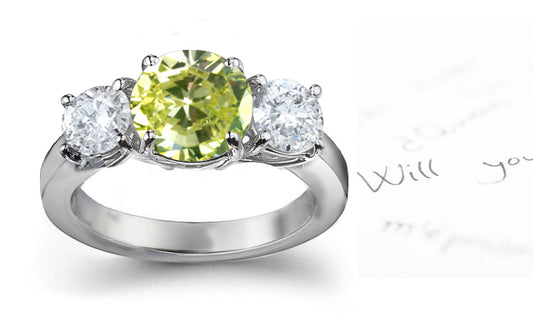 engagement ring three stone with fancy round green diamond and side round white diamonds