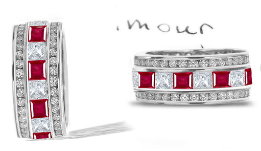 stackable eternity ring 3 row alternating square rubies and diamonds