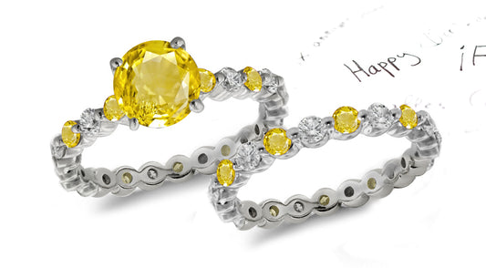 engagement ring with round yellow sapphire center & matching wedding band with round yellow sapphires and diamonds