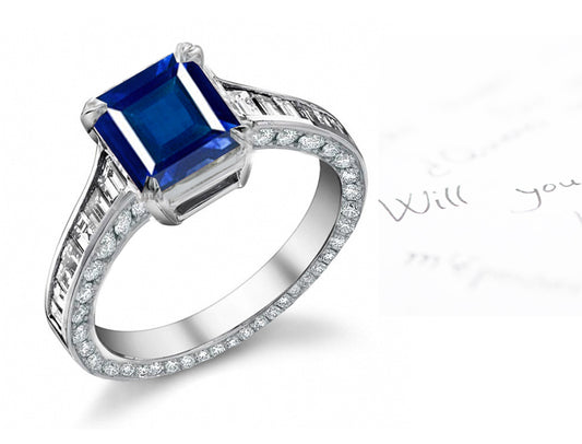 engagement ring with square blue sapphire center and diamond accents band