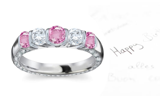 anniversary ring with alternating five pink sapphires and diamonds