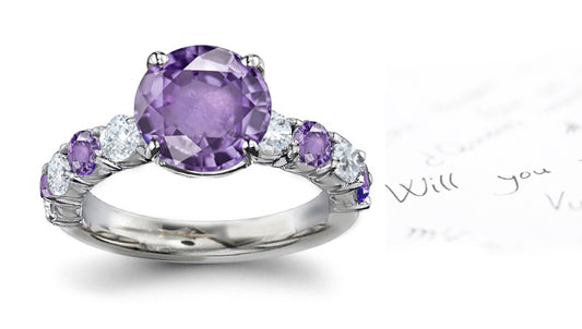 engagement ring handcrafted with alternating round purple sapphires and diamonds