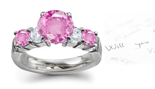 anniversary ring with five alternating round pink sapphires and diamonds