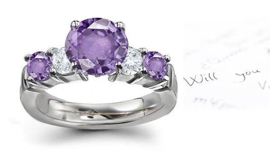 engagement ring handcrafted with five round purple sapphire center and diamonds