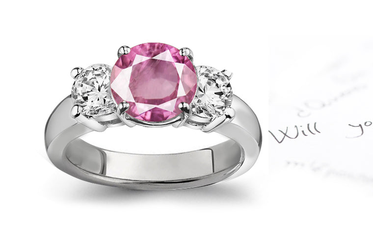 engagement ring three stone with round pink sapphire and round diamond accents