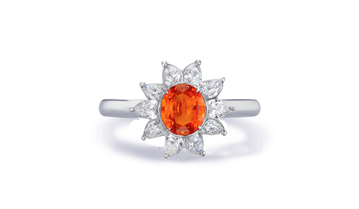 Custom made antique vintage inspired orange sapphire and diamond halo engagement rings 11