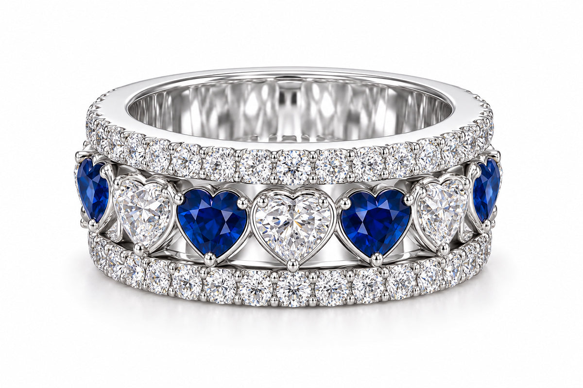 Custom made stackable diamond and blue sapphire anniversary eternity rings 2026 3