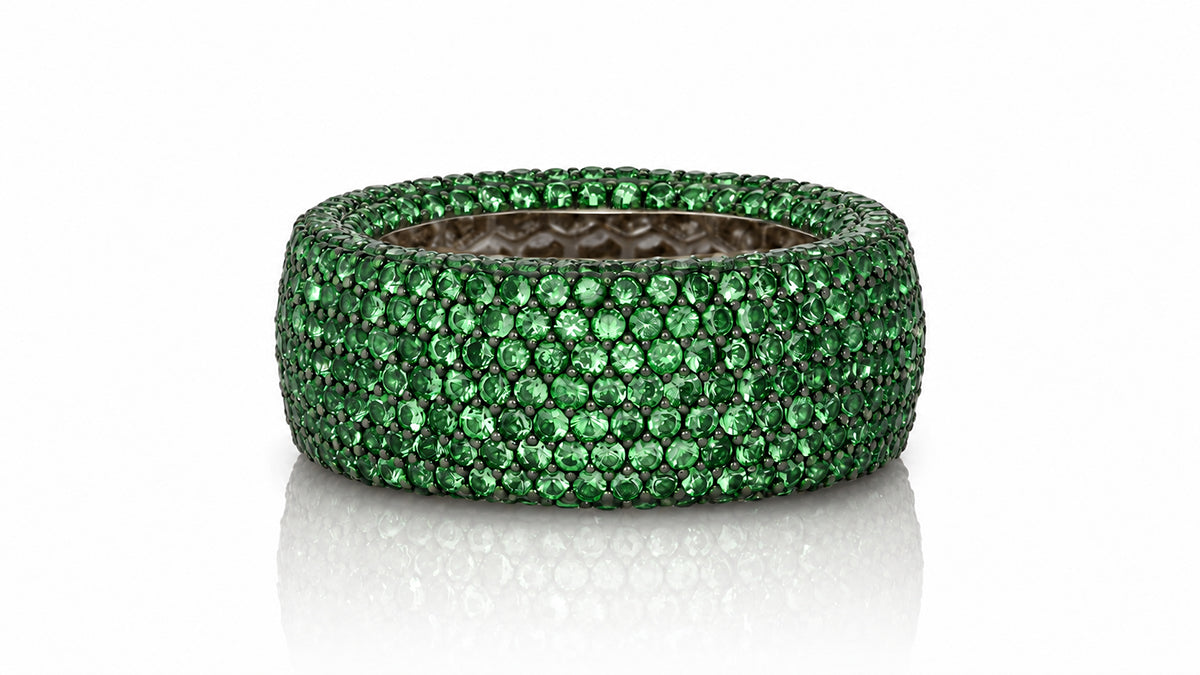 Custom made stackable diamond and green sapphire anniversary eternity rings 2026 10