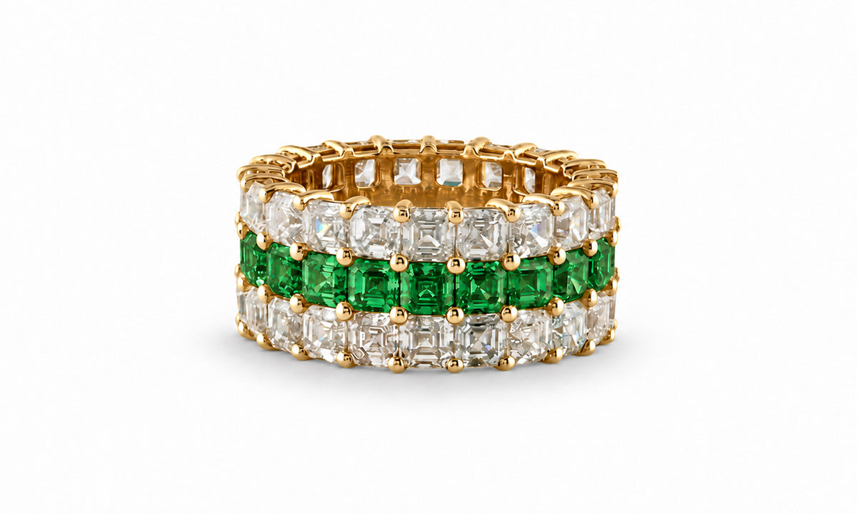 Custom made stackable diamond and green sapphire anniversary eternity rings 2026 11