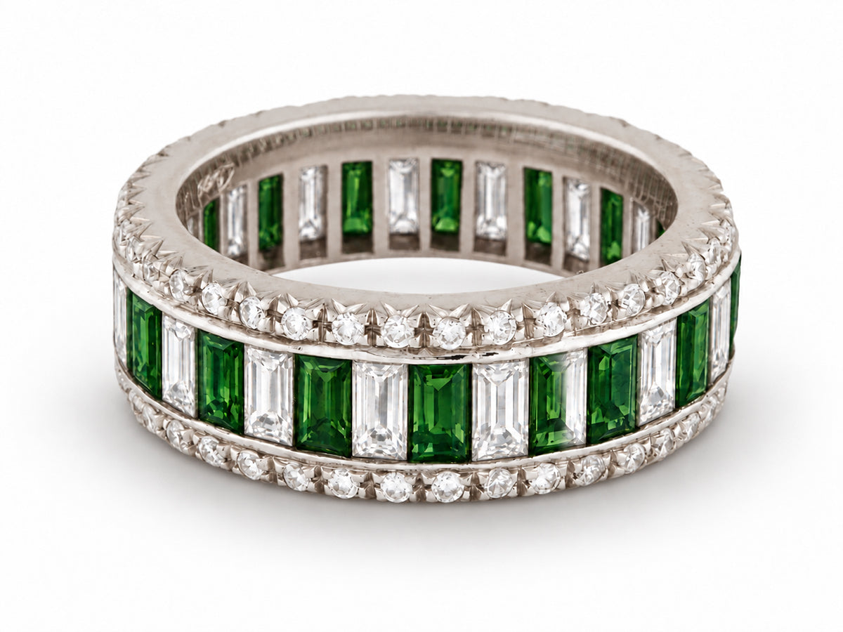 Custom made stackable diamond and green sapphire anniversary eternity rings 2026 14