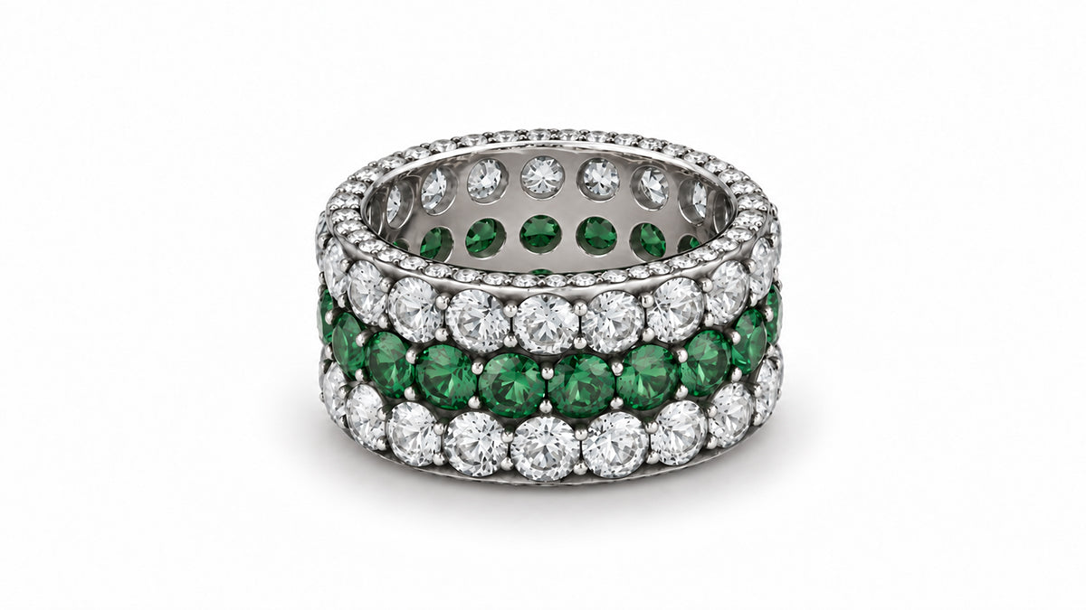 Custom made stackable diamond and green sapphire anniversary eternity rings 2026 17