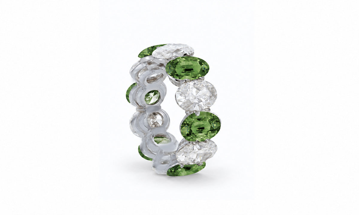Custom made stackable diamond and green sapphire anniversary eternity rings 2026 21