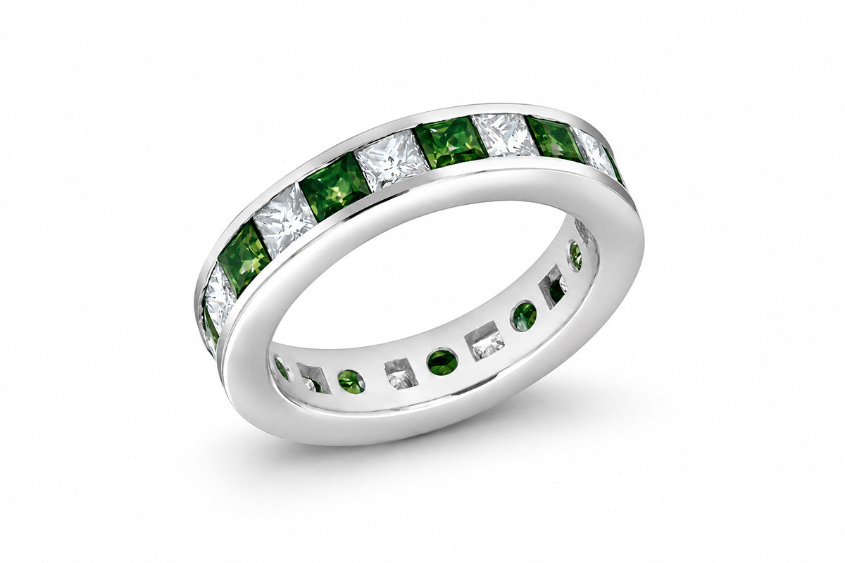 Custom made stackable diamond and green sapphire anniversary eternity rings 2026 25