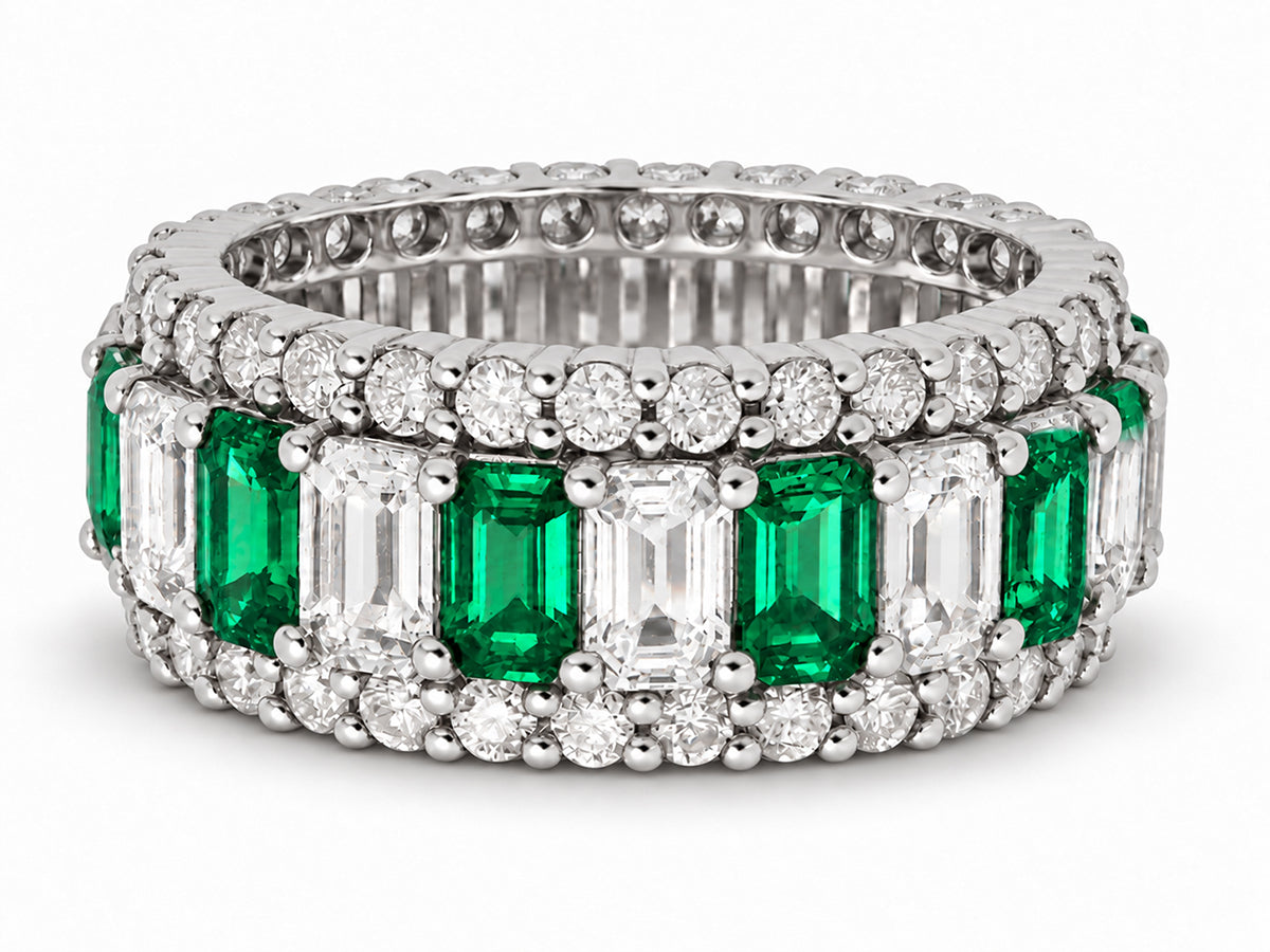 Custom made stackable diamond and green sapphire anniversary eternity rings 2026 34