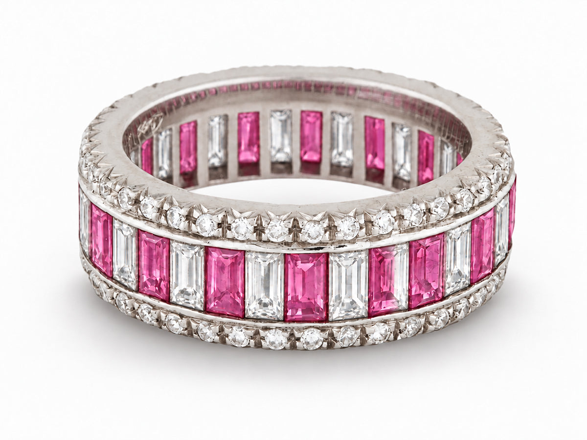 Custom made stackable diamond and pink sapphire anniversary eternity rings 2026 14