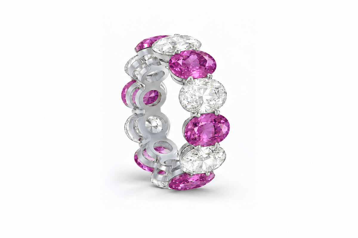 Custom made stackable diamond and pink sapphire anniversary eternity rings 2026 21