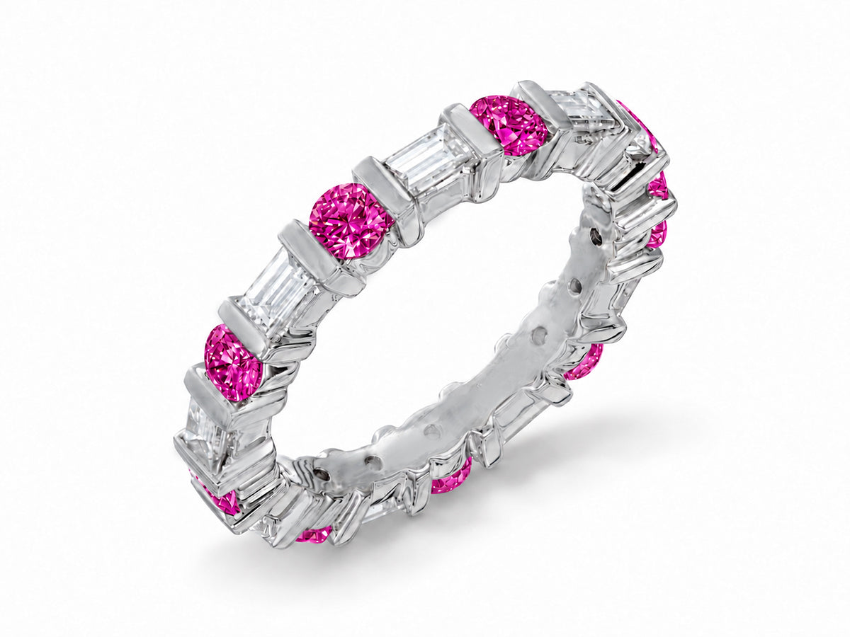 Custom made stackable diamond and pink sapphire anniversary eternity rings 2026 22