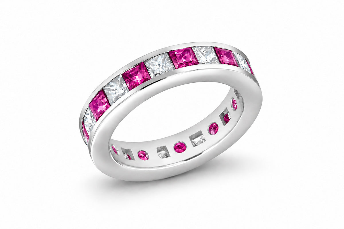 Custom made stackable diamond and pink sapphire anniversary eternity rings 2026 25