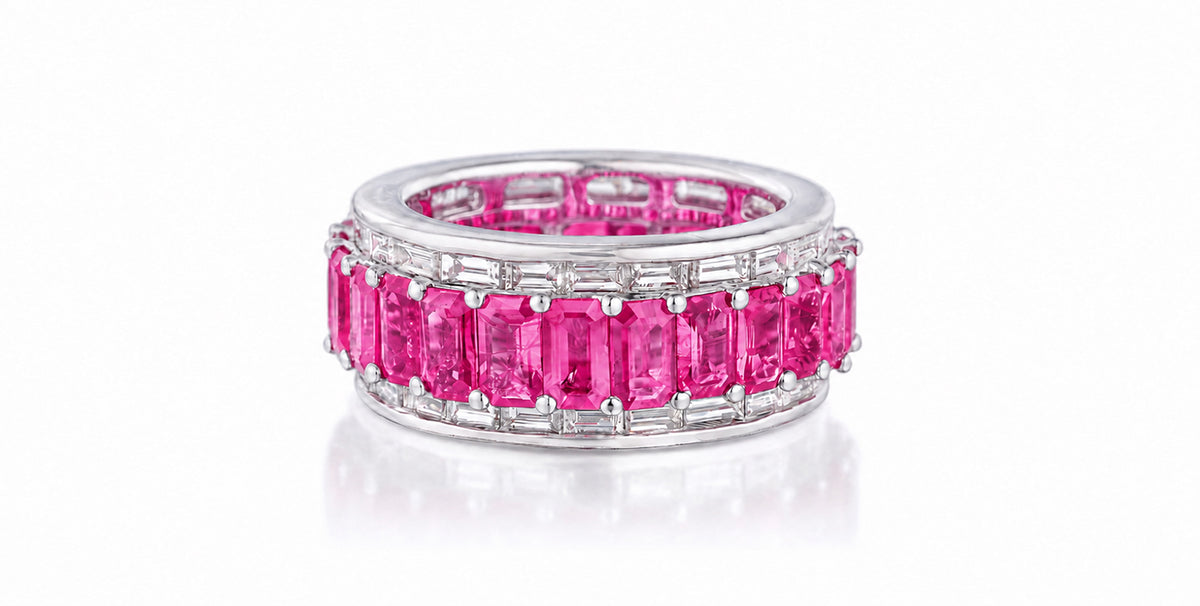 Custom made stackable diamond and pink sapphire anniversary eternity rings 2026 36