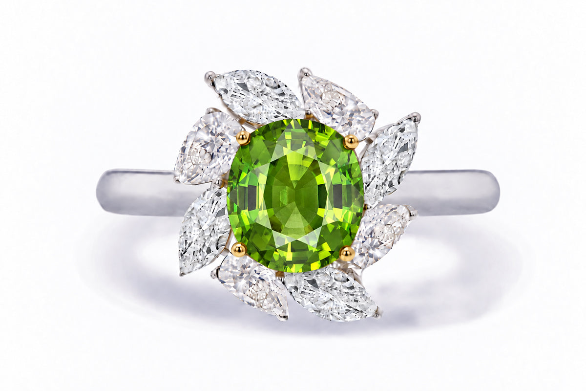 Custom made unique handcrafted non tradional diamond and green sapphire engagement rings 2026 1