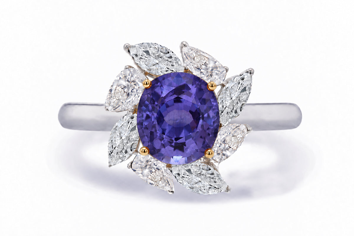 Custom made unique handcrafted non traditional diamond and purple sapphire engagement rings 2026 1