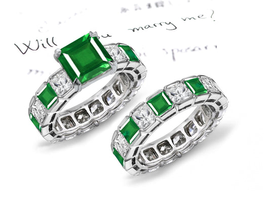 bridal set with alternating square emeralds and diamonds