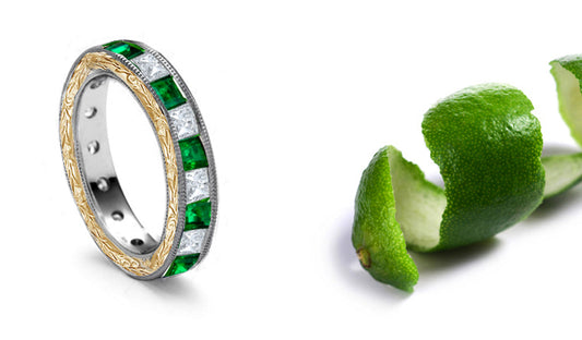 stackable eternity ring with alternating square emeralds and diamonds on engraved band