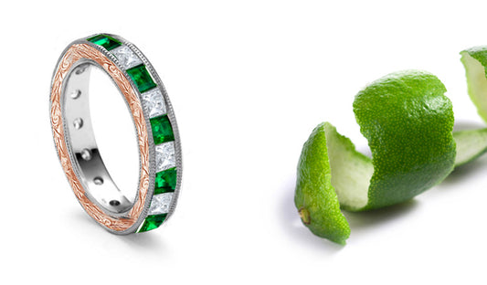 stackable eternity ring with alternating square emeralds and diamonds on engraved band