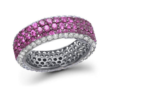 eternity ring customized with alternating pave set pink sapphires and diamonds