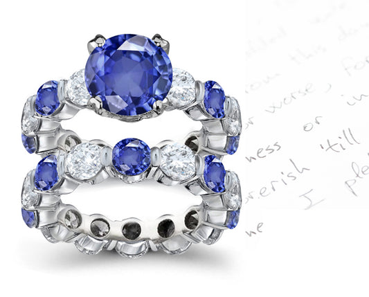 bridal set handcrafted with round blue sapphire center and band with alternating round blue sapphires and diamonds