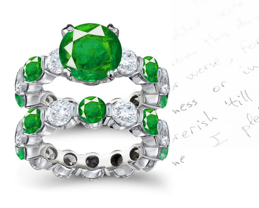 bridal set handcrafted with round emerald center and band with alternating round emeralds and diamonds