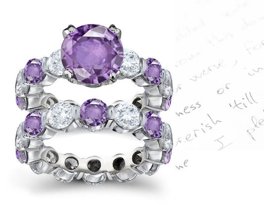 bridal set handcrafted with round purple sapphire center and band with alternating round purple sapphires and diamonds