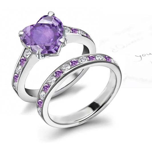 bridal set handcrafted with heart purple sapphire center and band with alternating round purple sapphires and diamonds