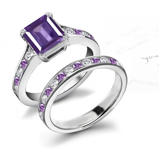bridal set handcrafted with emerald cut/round purple sapphires and diamonds