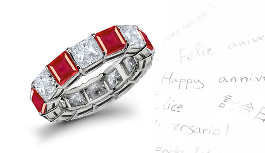 stackable eternity ring with alternating square rubies and diamonds