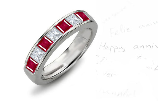 anniversary ring channel set with square rubies and diamonds