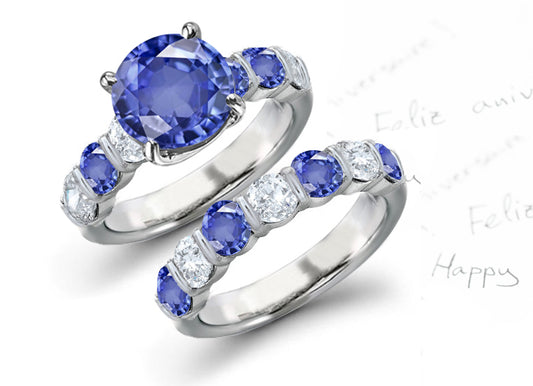 bridal set with alternating round blue sapphires and diamonds