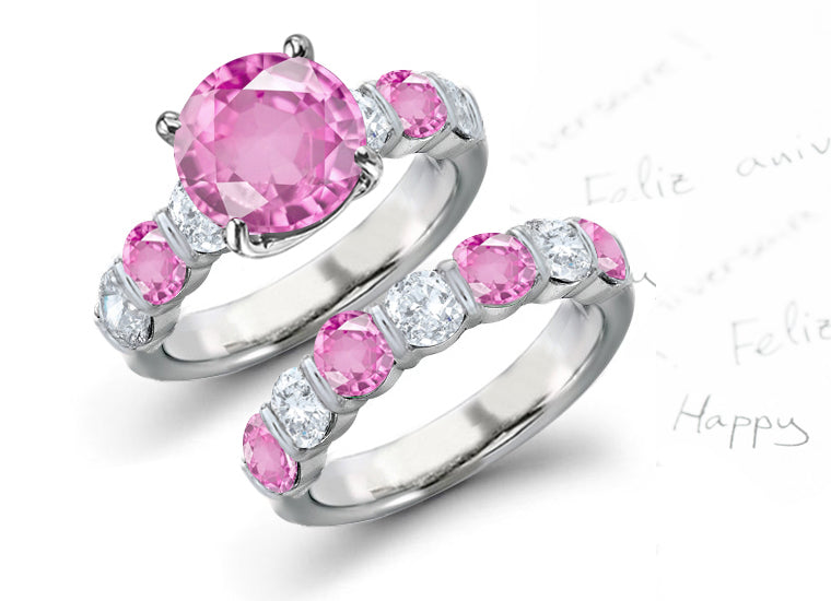 bridal set with alternating round pink sapphire center and diamonds